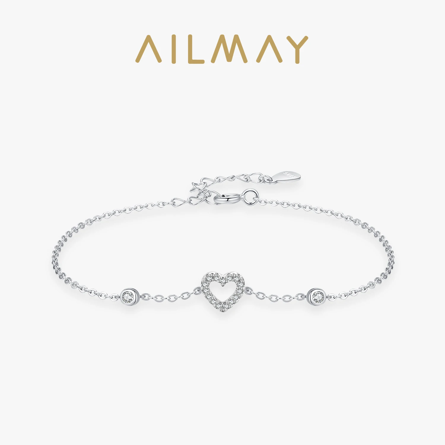 Ailmay Solid 925 Sterling Silver Charm Cute Heart Sparkling Zirconia Link Chain Bracelet For Women Female Valentine's Day Gifts