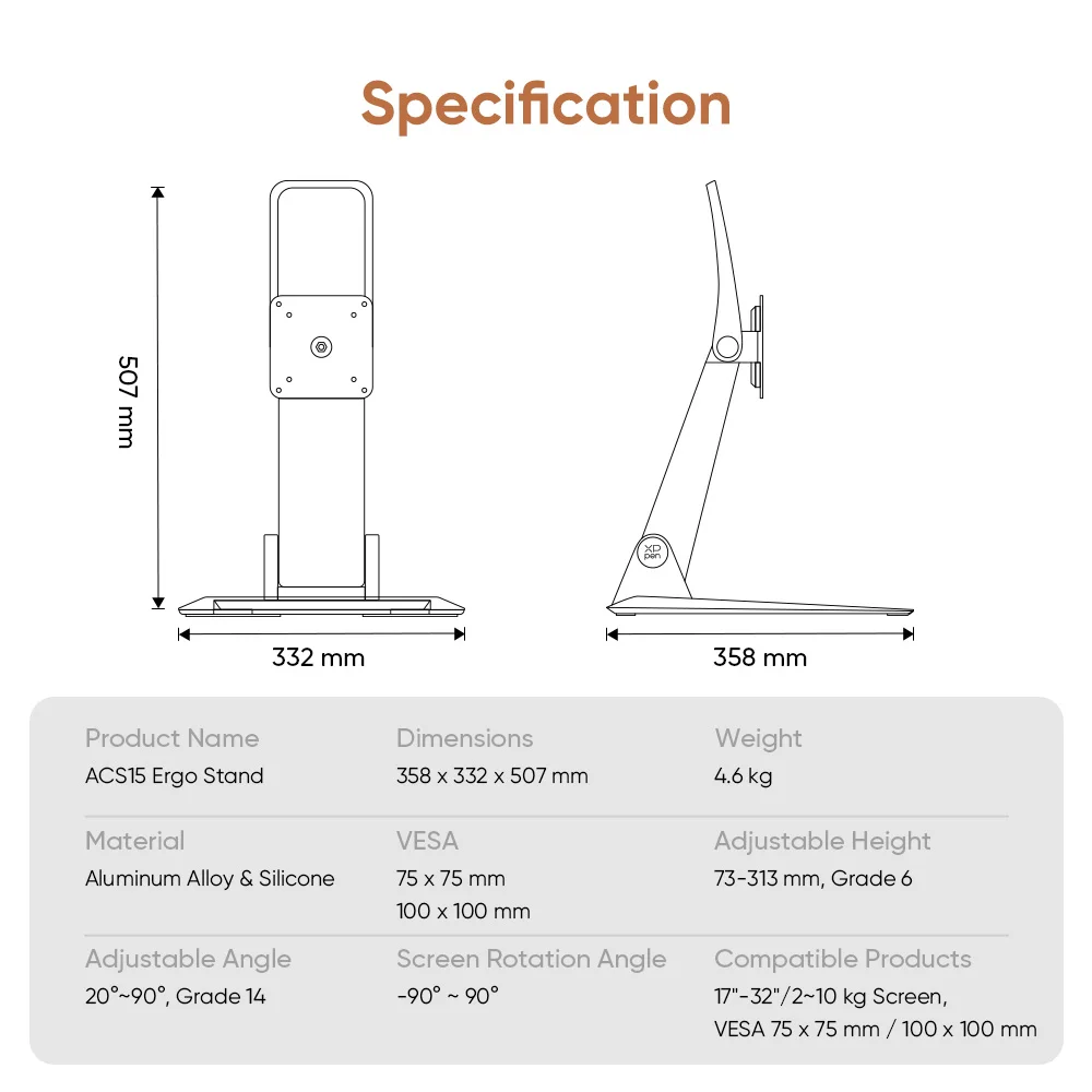 XPPen ACS15 Adjustable Stand Ergonomic Design 20-90 Degrees 14 Angle Adjustment VESA Mount 75x75 100x100 for 17-32 inch 2-10kg