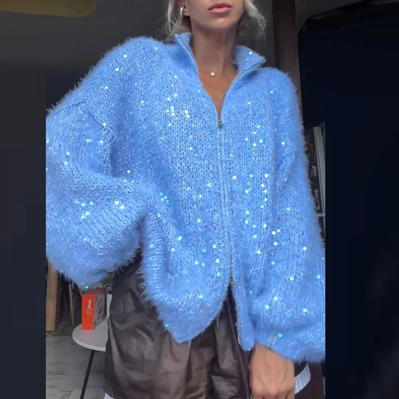 Fashion Sequin Knitted Lapel Sweater Coat Elegant Lantern Long Sleeve Casual Commute Jumpers Lady Zipper Solid Color Pocket Coat