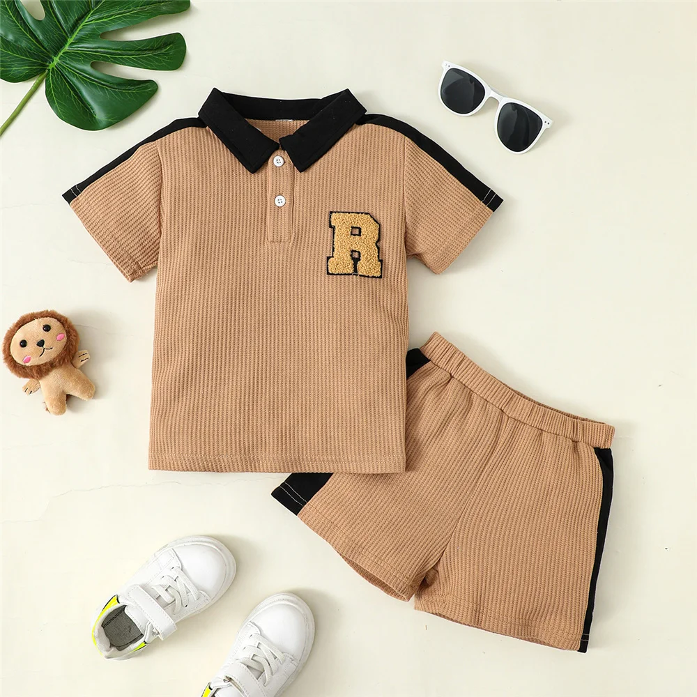 2PCS Summer Clothing Set Kids Boy Short Sleeves Polo Collar R Print Top+Shorts Daily Cool Casual Suit for Children Boy 4-7 Years