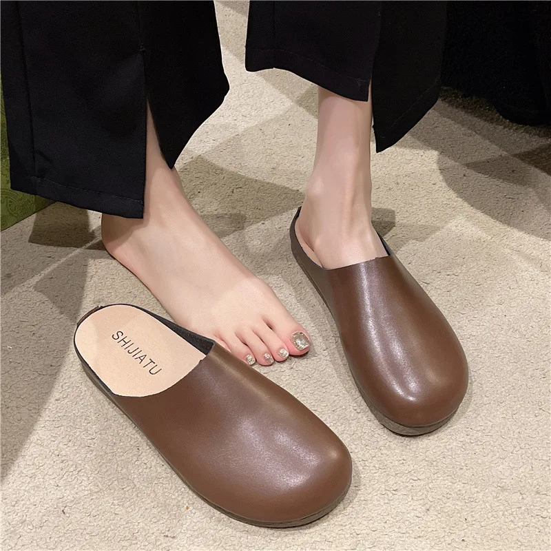 Retro Mules Slippers for Women Summer Light Non-slip Soft Pu Leather Slide Sandals Plus Size 42 Comfort Beach Flat Sandalias