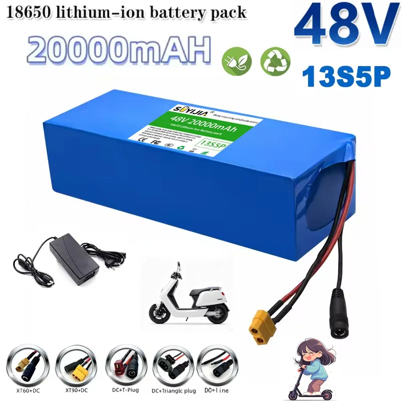 48V Electric Scooter Battery 13S5P 20Ah 18650 Grade-A Cells 2000W Built-in BMS XT60 JST High Capacity Long Range Safe & Durable