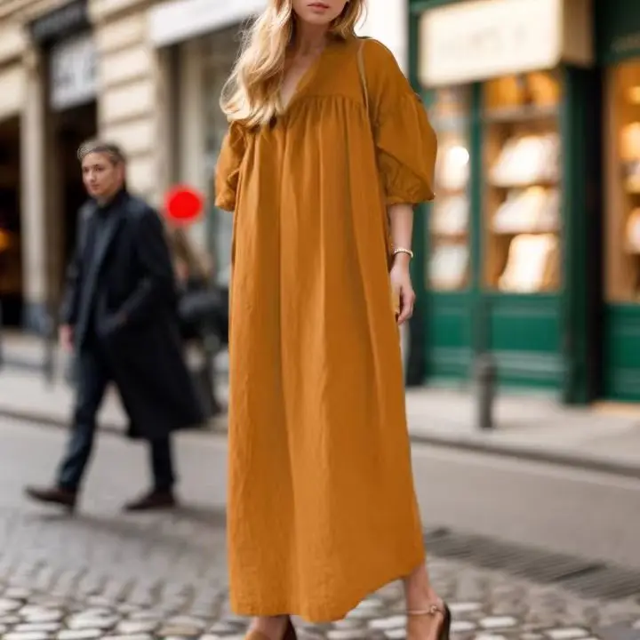Robes de mode musulmane nouveau moyen-orient dubaï musulman couleur unie ample col en v manches bouffantes décontracté coton Polyester robe