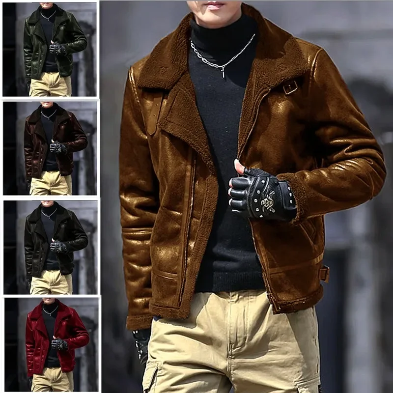 Men Winter Jacket Solid Warm Lambswool Jacket Winter Motor Punk Coat Fit Suede Leather Padded Coat