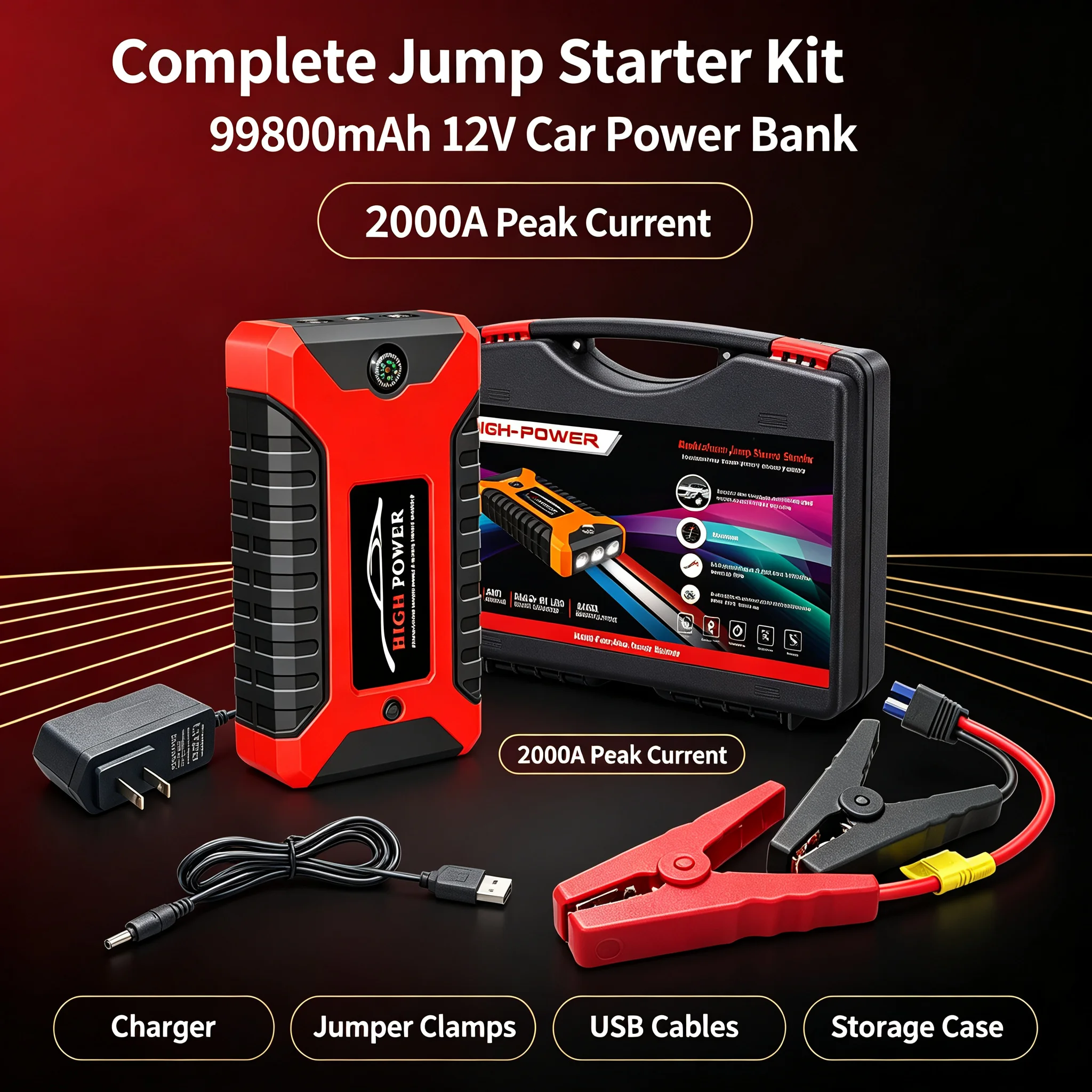 12V Emergency Jump Starter 2000A Peak Air Compressor 99800mAh Portable Power Source Flashlight Compass Auto Starting Tool