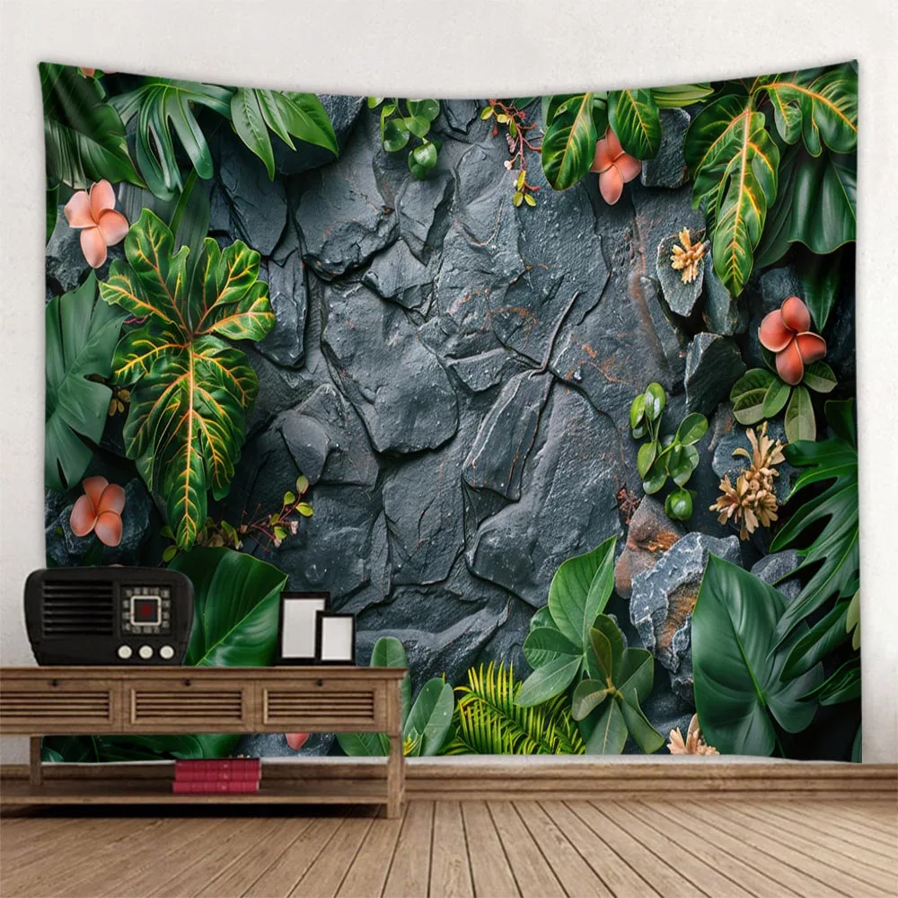 Gray Stone Wall Plant Pattern 2D Flat Tapestry Background Industrial Style Photography Studio Decoration Wall Hanging Art