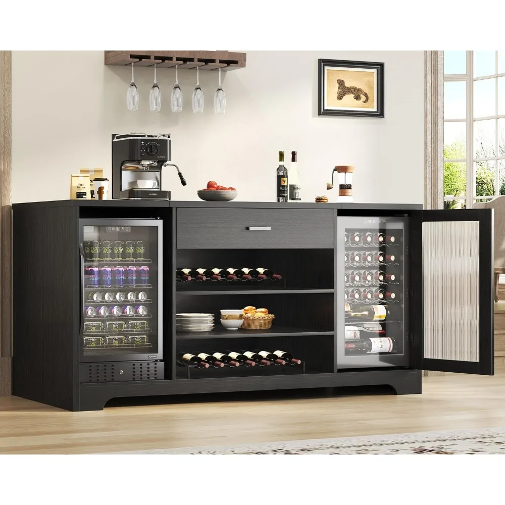 

Long Bar Cabinet with Fridge Space Modern Wood Wine Liquor Storage Buffet Sideboard with Drawers 70 Inch
