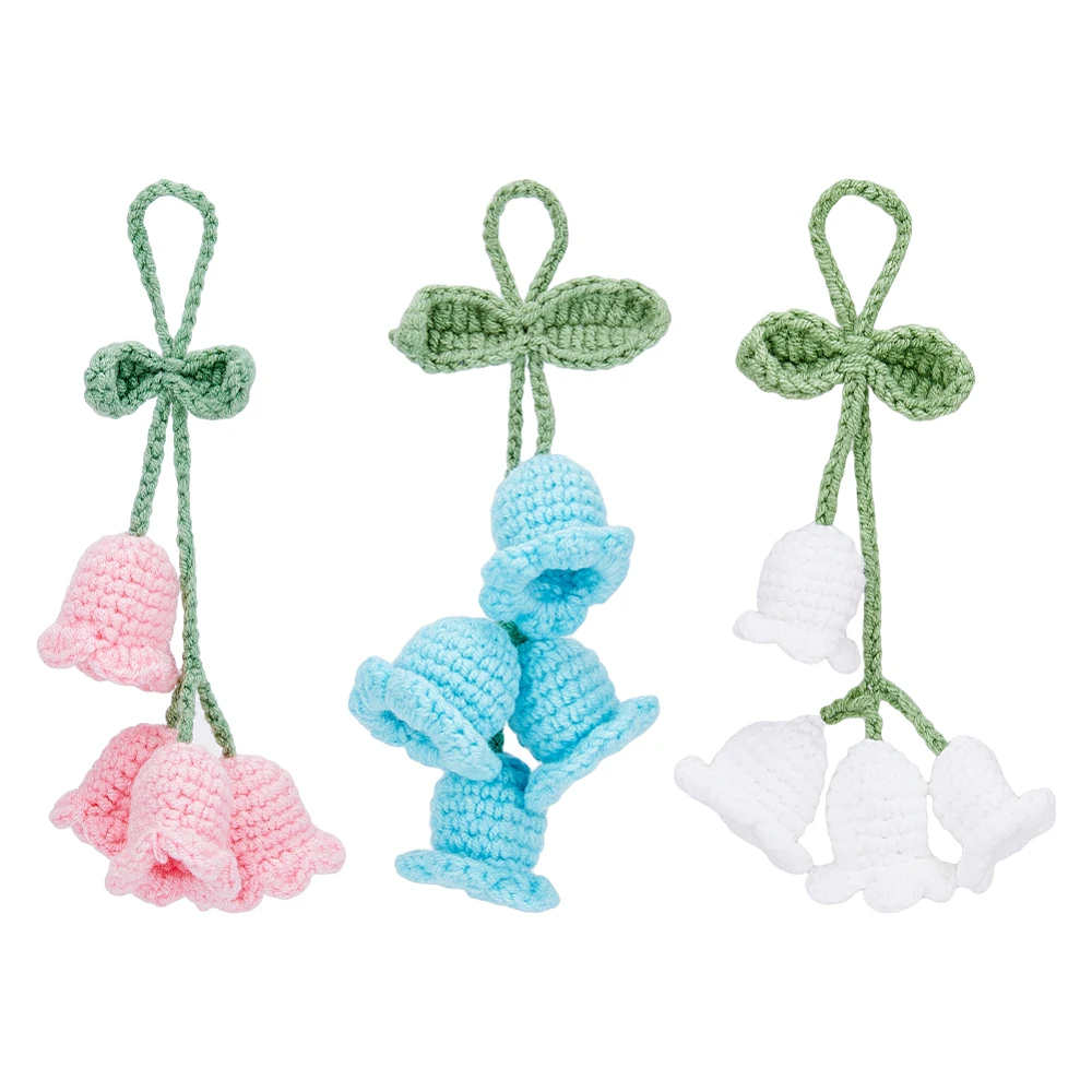 3Pcs 3 Colors Bellflower Hand Knitted Car Pendant Lily of The Valley Kintting Ornament Car Rear View Mirror Charm Interior Auto
