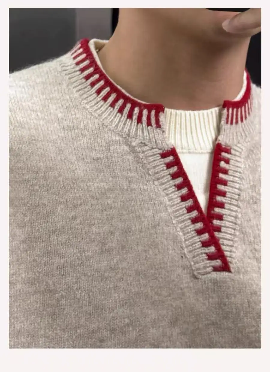 100% pure cashmere color matching V-neck sweater men's winter long sleeve warm fake two-piece sweater