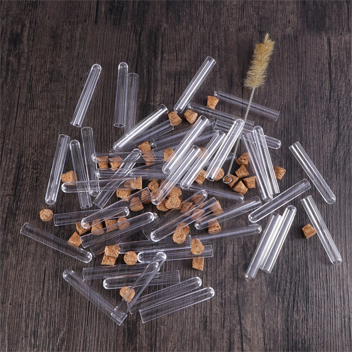 12x75cm Plastic Clear Test Tubes with Cork Stoppers and Brush for Scientific Experiments Powder Liquid Storage (50Pcs Tube Set