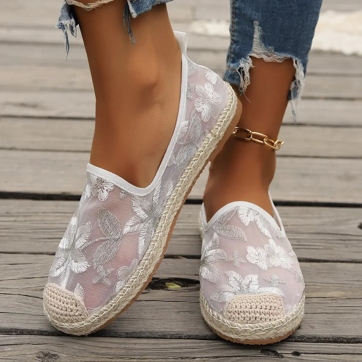 Large Size Single Shoe Women\'s 2024 Summer New Lace Mesh Hollowed Out Women\'s Flat Bottomed Fisherman\'s Shoes flat shoes women