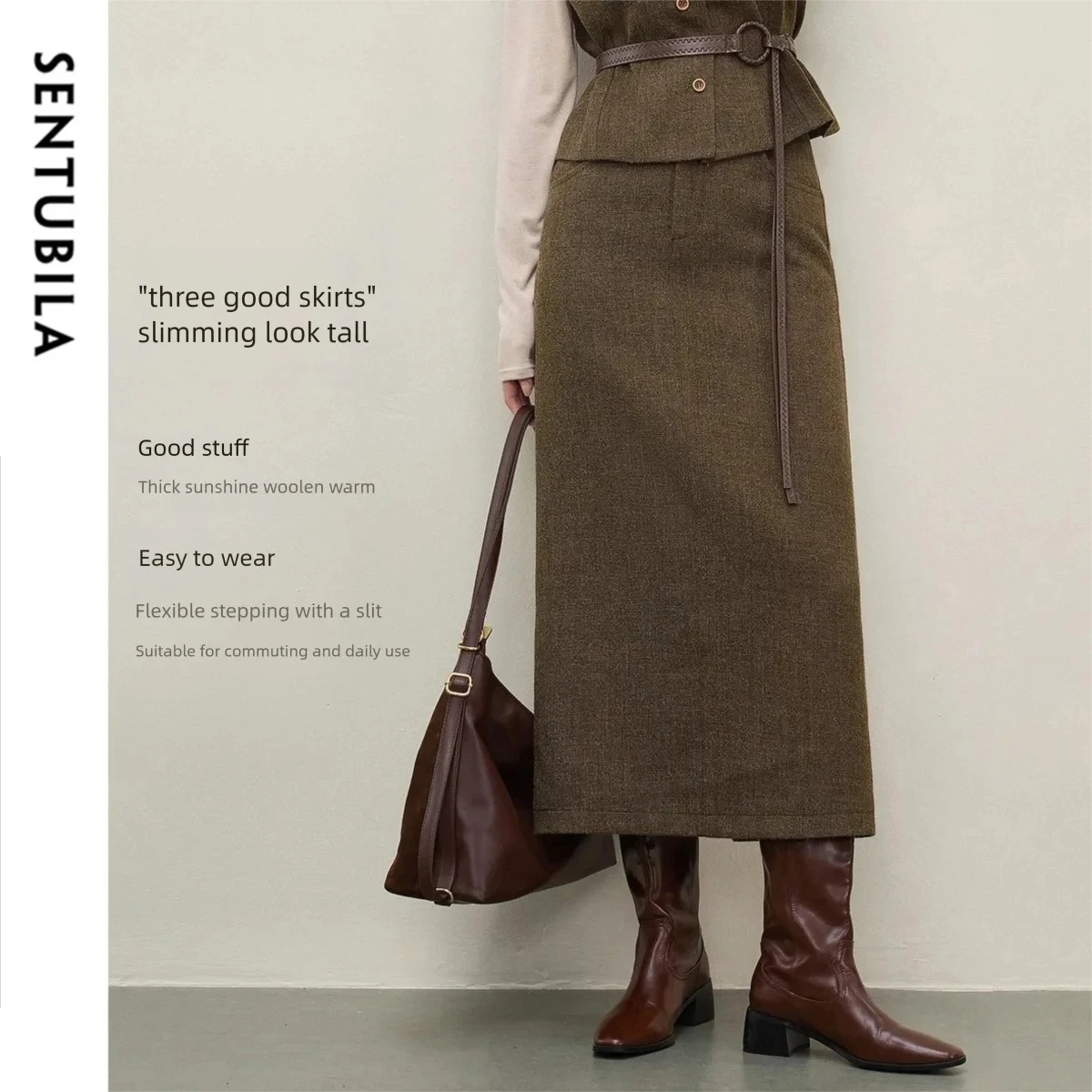 SENTUBILA Women's Skirt 2026 Fashion High Waist Slit Hem A-Line Long Skirt Casual Winter Thick Warm Woman Clothes 154QP4872