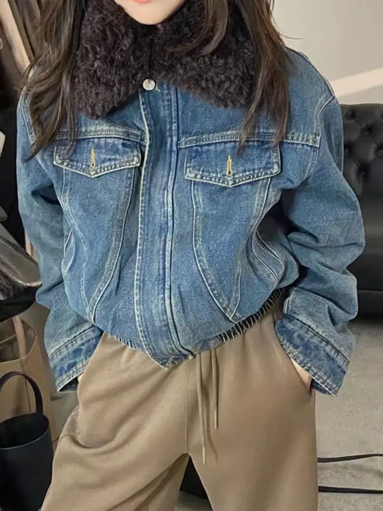 Casacos jeans para mulher longa pele de pelúcia das mulheres outono solto-ajuste doce menina academia sala de aula respirável casacos jaquetas ajustáveis