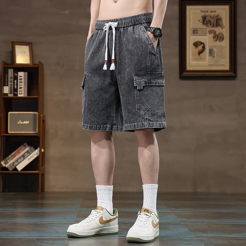 American retro jeans men's summer thin cut trendy brand five quarter pants loose straight leg trendy sports and casual mid lengt