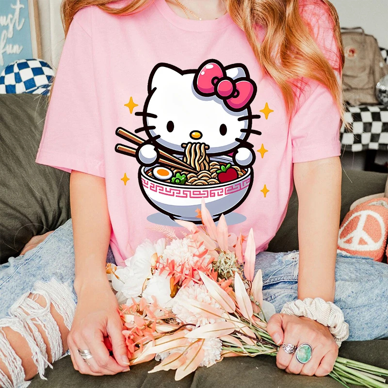 Hello Kitty eating noodles printed women's T-shirt pure cotton short-sleeved loose top personalized women's clothing