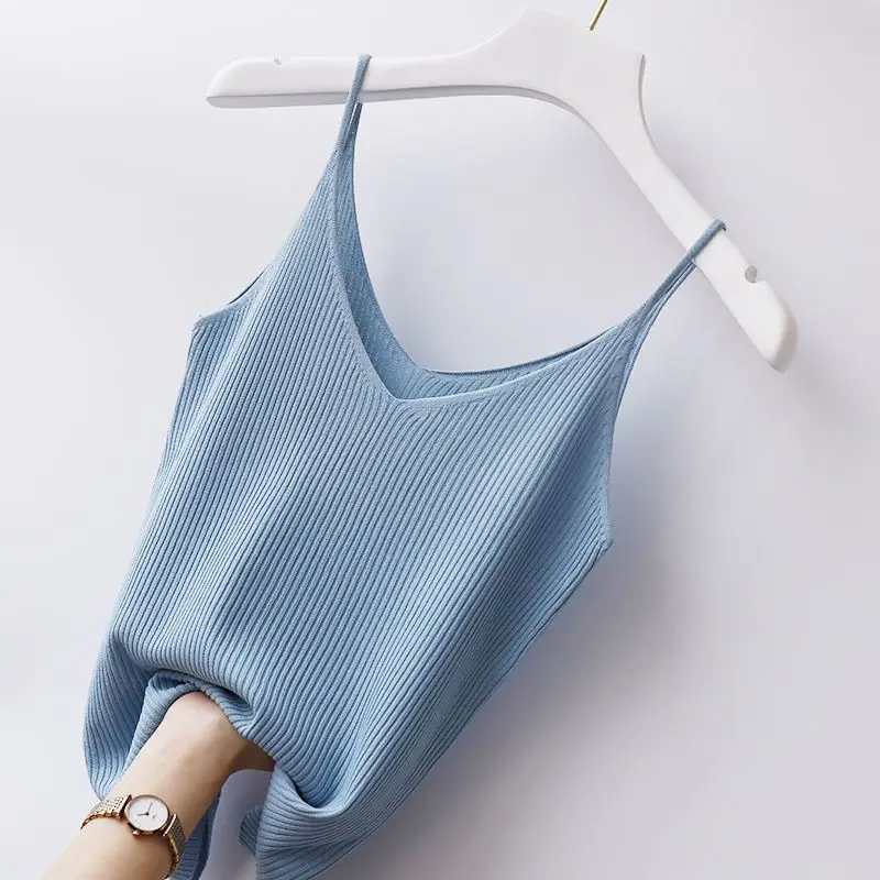 woman Strap vest Tanks women's inner layer bottom V-neck ice silk sexy short thread knitted versatile style top Tees Camis Tops