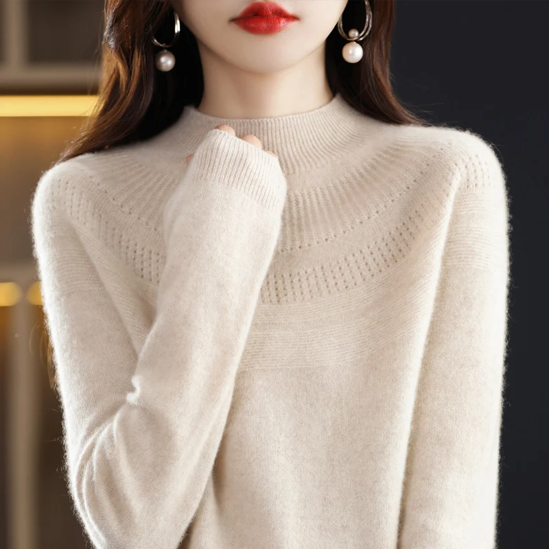 Autumn and winter 100% wool single-line ready-to-wear hollow women\'s pullover O-neck cashmere sweater knitted solid color