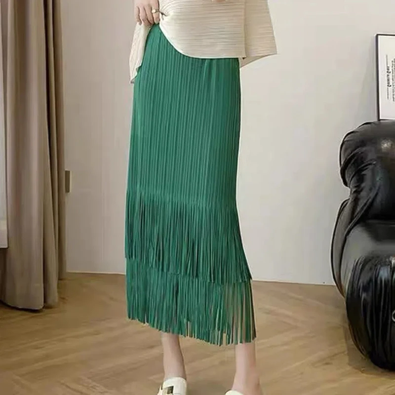 Spring Autumn New Fashion High Waist Solid Women's Clothing Tassel Pleated Temperament Korean Simplicity Mid-length Y2K Skirts