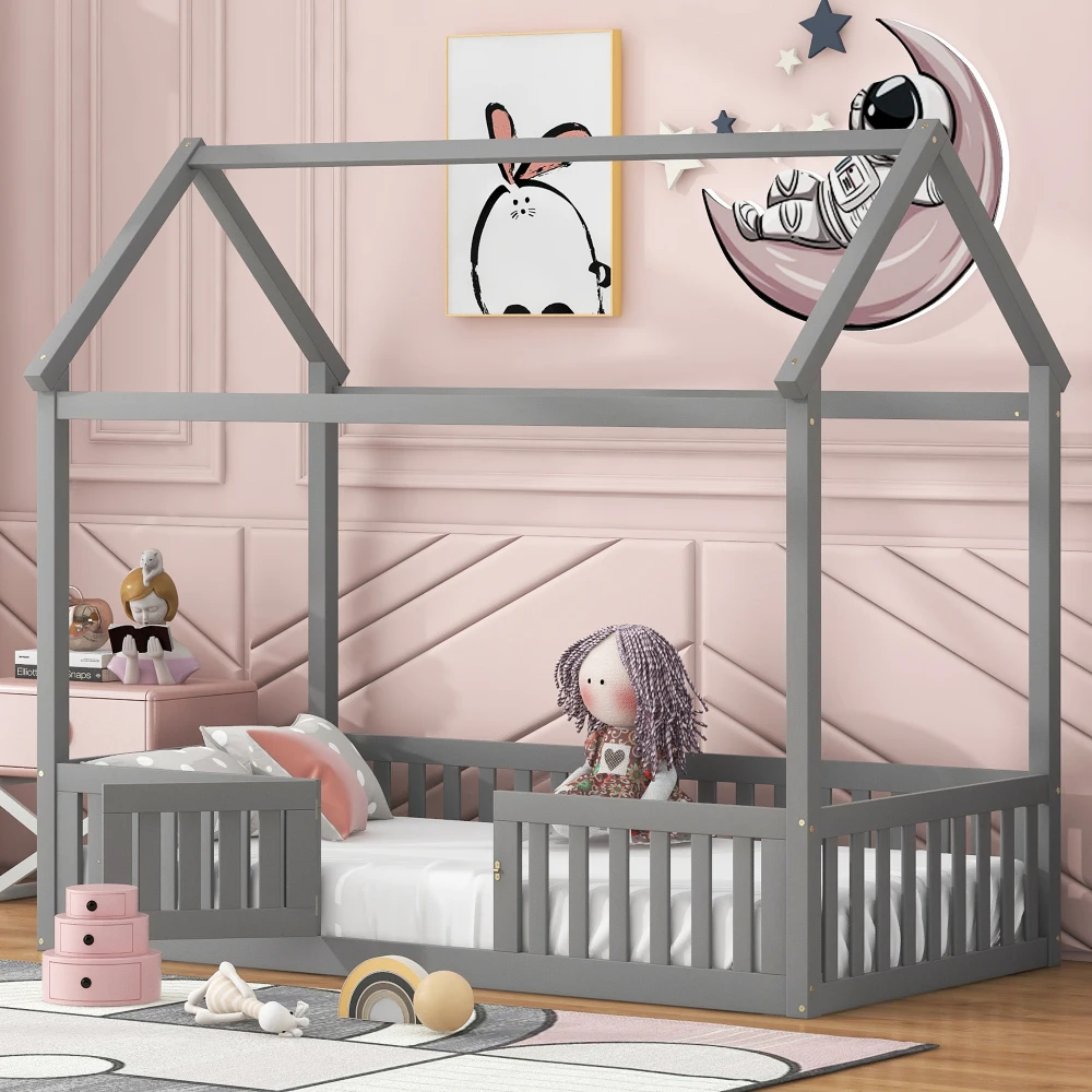 

Twin Size Wood House Bed with Fence and Door, Gray