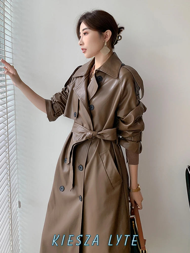 Women PU Leather Long Jacket 2024 Autumn Winter Black Brown Faux Leather Sashes Office Lady Windbreaker Trench Coat Outwear