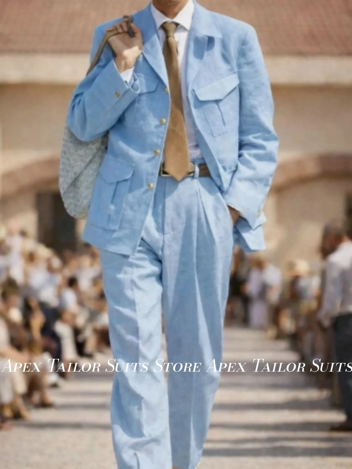Men 2‑Piece Safari Jacket Light Blue Linen Gold Buttons Multi Pockets Blazer Pants Summer Casual Wedding Work wear Outfit