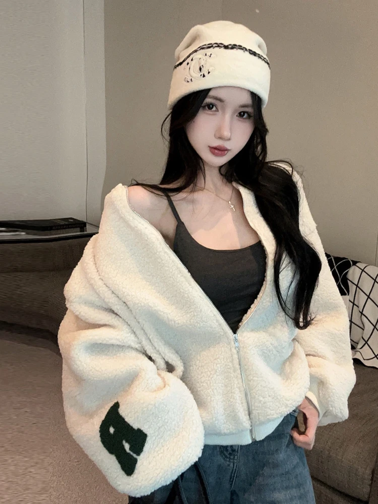 

Faionable Thiened Retro Sle Women's Jaet Stand Collar Circle Furry Loose Fit Lamb Fur Coat Warm Winter Outerwear