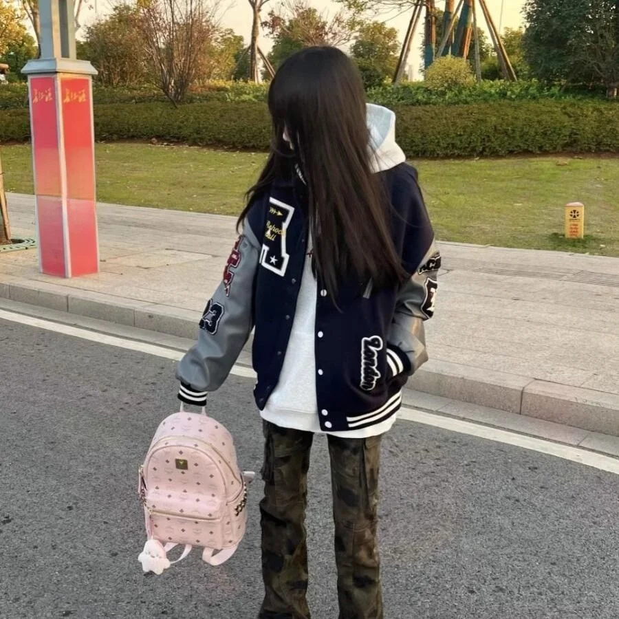 

Кожаное дэт с тяжелой вышивкой в стиле пэчворк на хлопковой подкладке Thiened, бейсбольное пальто для подростков, свободный крой, универсальный весенний джет