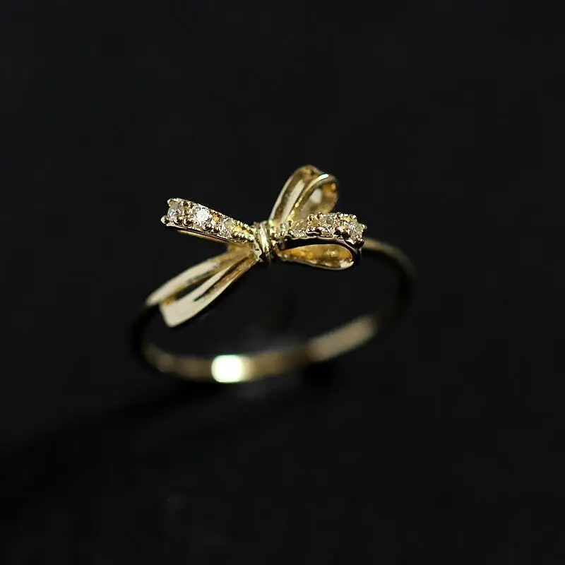 GOLDtutu Pure 9K Gold Stereo Bow with Zircon Girl's Bow, Japanese and Korean, Gold Engagement Ring, kj513