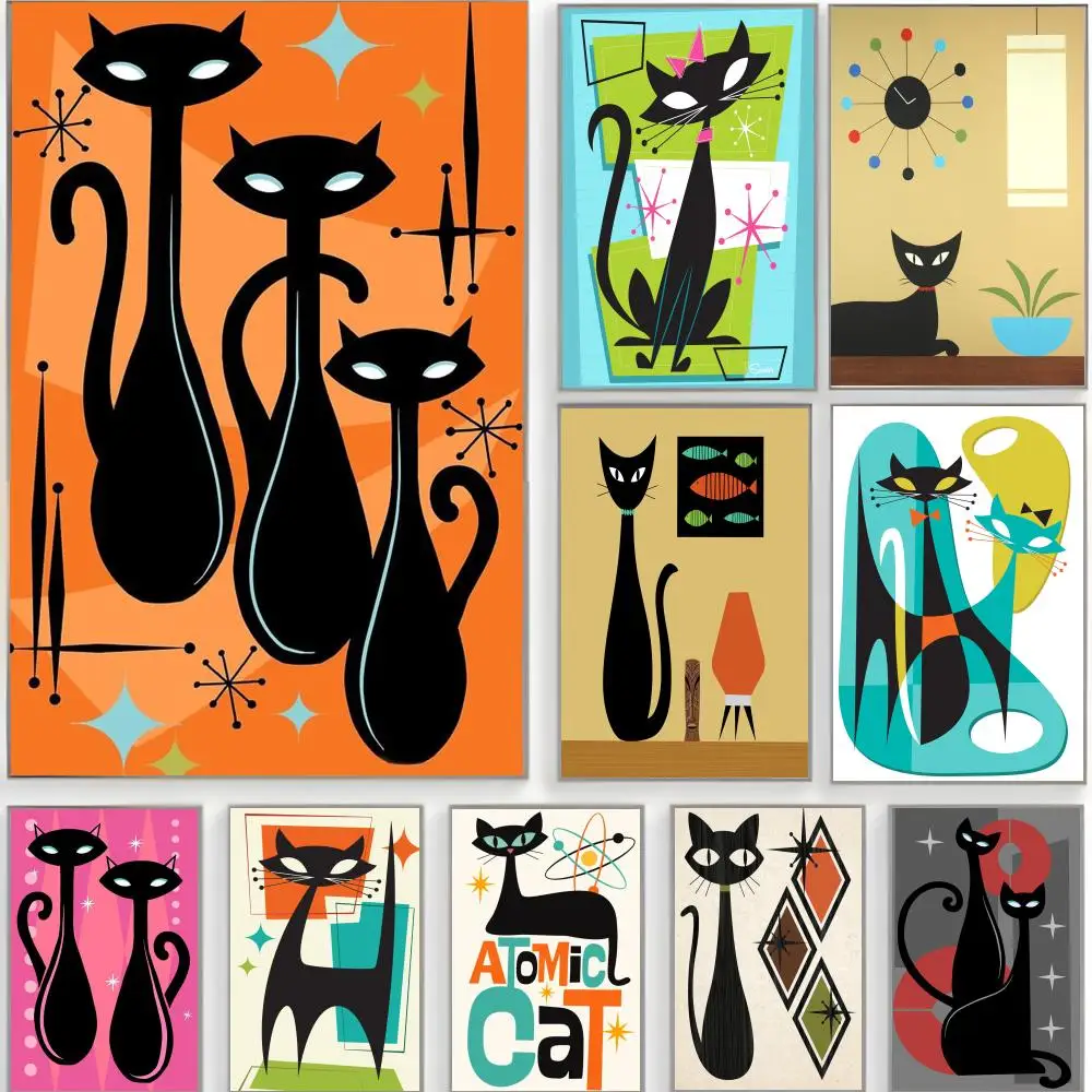 Mid Century Black Cat Poster Classic Wall Art  Home Decor  Peel and Stick Unframed