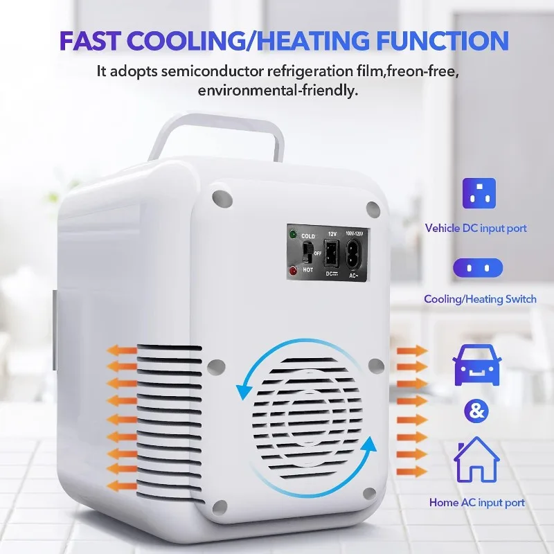 ثلاجة صغيرة 4 لتر/6 علبة ثلاجات مدمجة مبرد محمول وساخن تيار متردد/تيار مستمر للعناية بالبشرة والمشروبات والأدوية