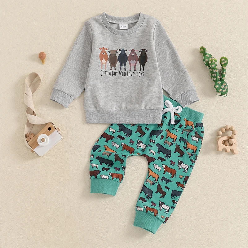 Toddler Boy Fall Farm Outfits Long Sleeve Round Neck Sweatshirt with Animal Print Pants 2Pcs Set