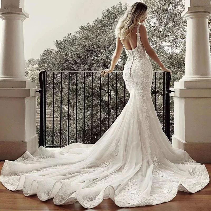 Customized Sexy Detachable 2 In 1 Wedding Mermaid Dresses Organza Embroidery Ball Gown Square Collar Sleeveless Vestido De Novia