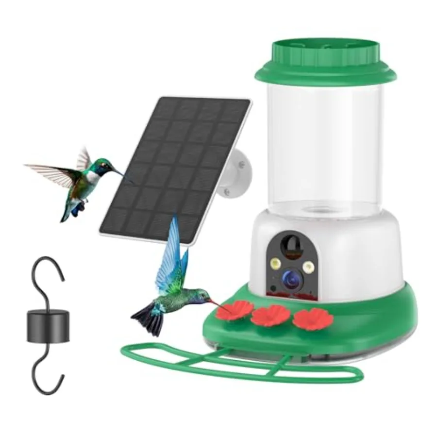 Hummingbird feeder with camera for outdoor bird watching red plastic design solar-powered smart bird cam with HD recording and