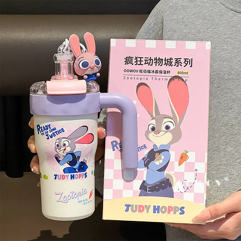 Official Disney Zootopia 800ml Dual-Use Insulated Mug, Nick & Judy Stainless Steel Travel Tumbler with Straw Leak-Proof Cup