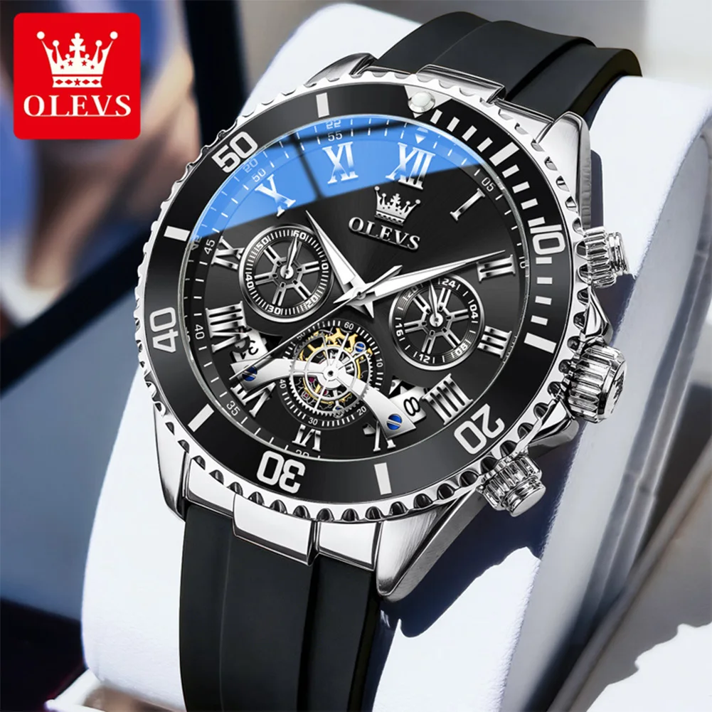 OLEVS 3730 Multifunctional Quartz Movement Watch For Men Trendy Street Style Calendar Window 30m Waterproof Silicone Strap Watch