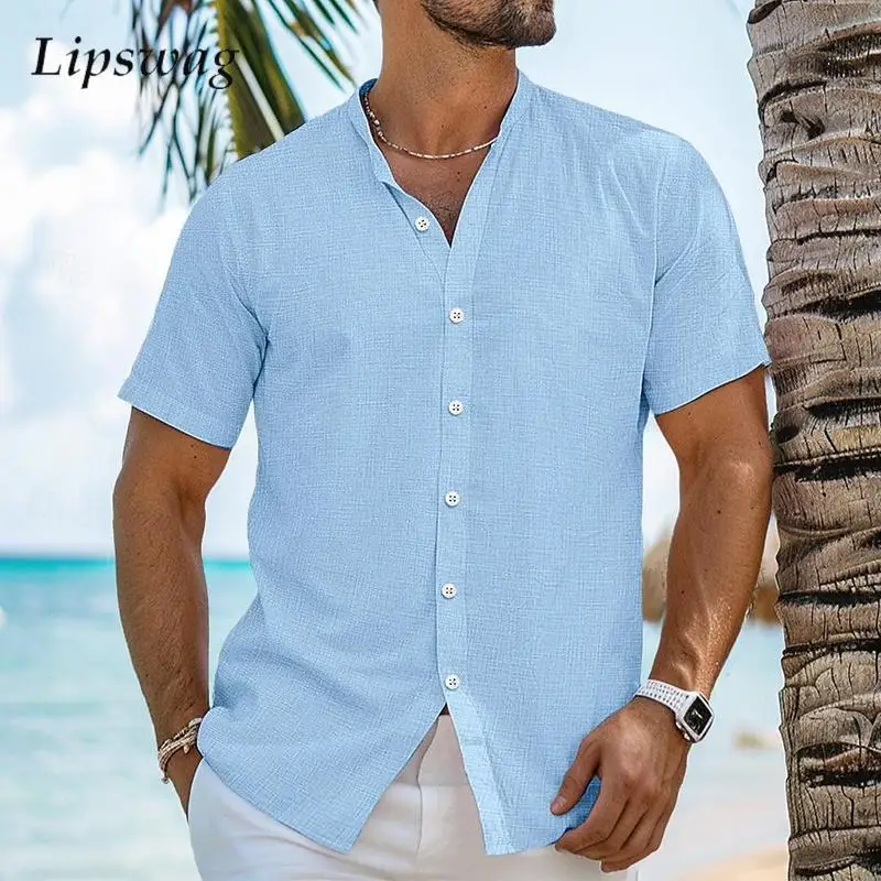 

Summer New Fashion Mens Cotton Linen Shirt Vintage Button-up Henley Collar Shirts For Men Casual Breathable Short Sleeve Shirt