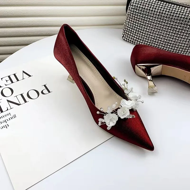 Thin Heels Pointed Toe Pumps Wedding Sexy 2024 Fashion Ladies Shoes Low Heel Slip-On Shallow Solid Pumps Tacones Altos De Mujer