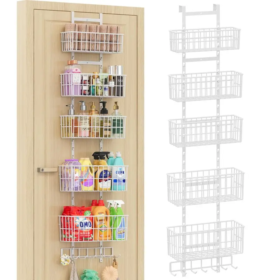 

Over The Door Organizer, Metal Hanging Door Organizer with 5 Wire Basket 7 Hooks, Wall Mounted Shelf for Pantry Closet Organizat