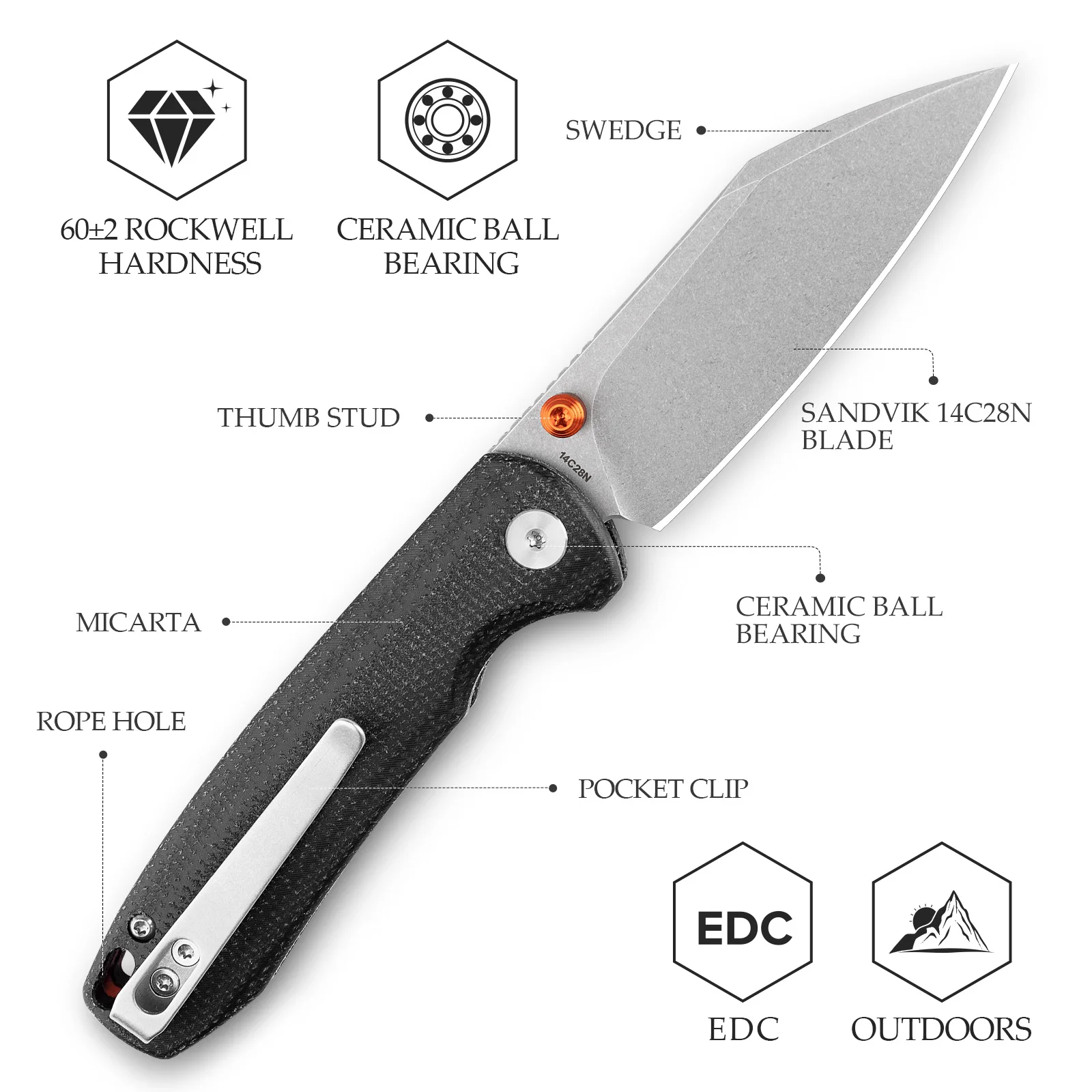 TRIVISA Lightweigh Pocket Knife Firefly Series for Men Sandvik 14C28N Blade Micarta Handle Hunting Fishing Outdoor Camping Tool