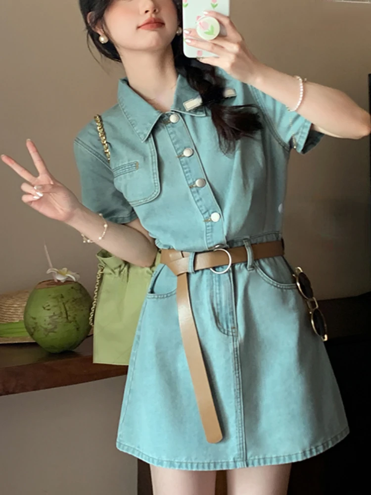 

Blue Korean Fashion Denim Dress Women Vintage Y2K Party Mini Dress Female Hight Waist France Casual Elegant Dress Summer 2023