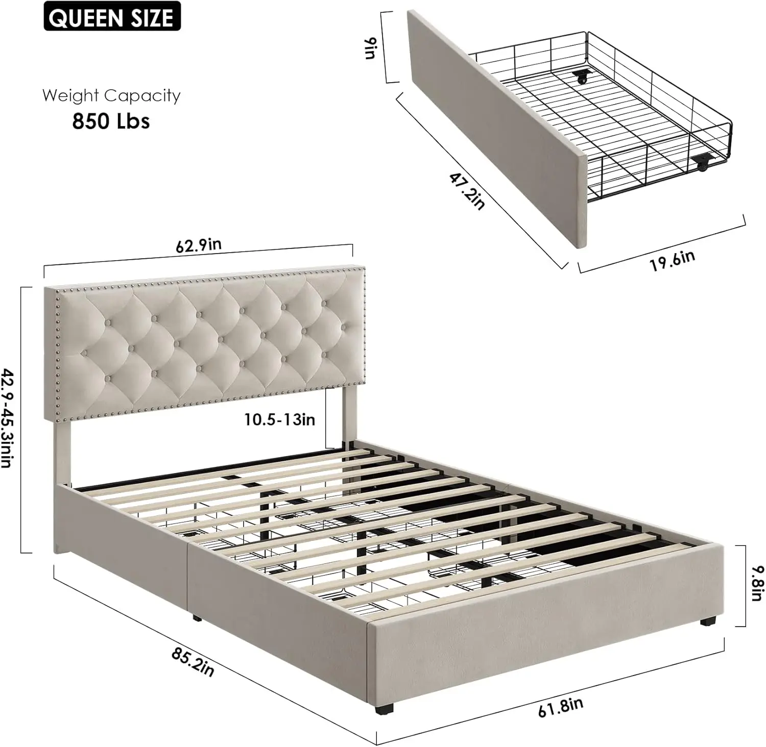 Marco de cama de tamaño Queen con 4 cajones de almacenamiento, cama de plataforma tapizada moderna con cabecero ajustable, marco de cama copetudo con botón