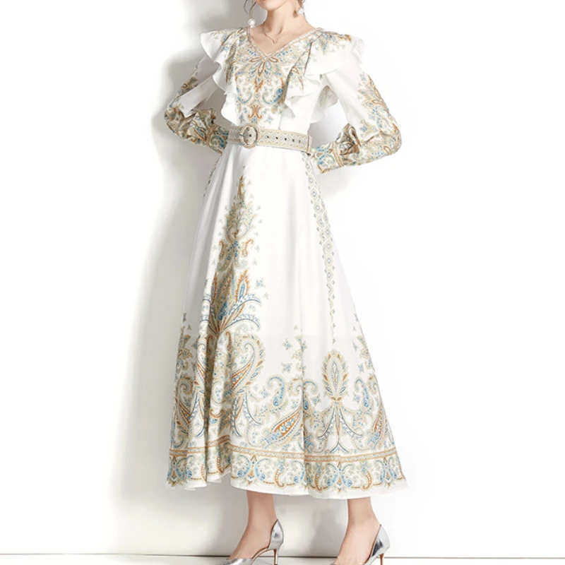 

Lotus Leaf Vintage Print A-line Dress Spring Summer Fashion Dress Modest Elegant V-neck Dress Long Sleeve Dress for Female 2023