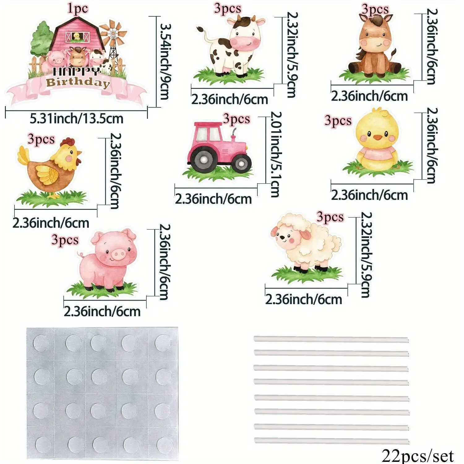 22Pcs Farm Animal Cake Topper Cartoon Sheep/Pig/Cow Toppers For Farmland Happy Birthday Celebrating Party DIY Cupcake Supplies