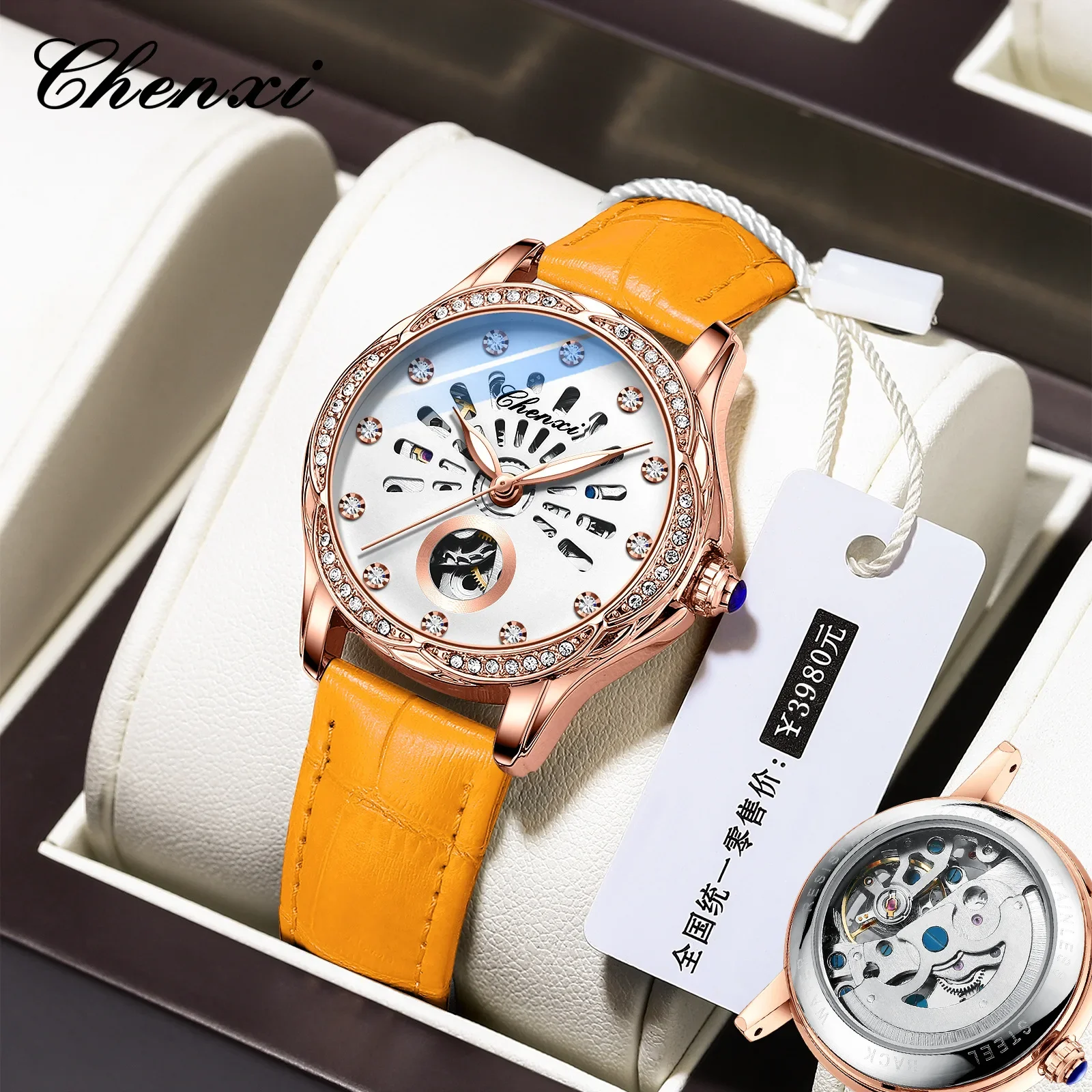 Women's Mechanical Watch Automatic Trend Skeleton Mechanical Wrist Watch with Drilling Waterproof Luminous Ladies Luxury Woman