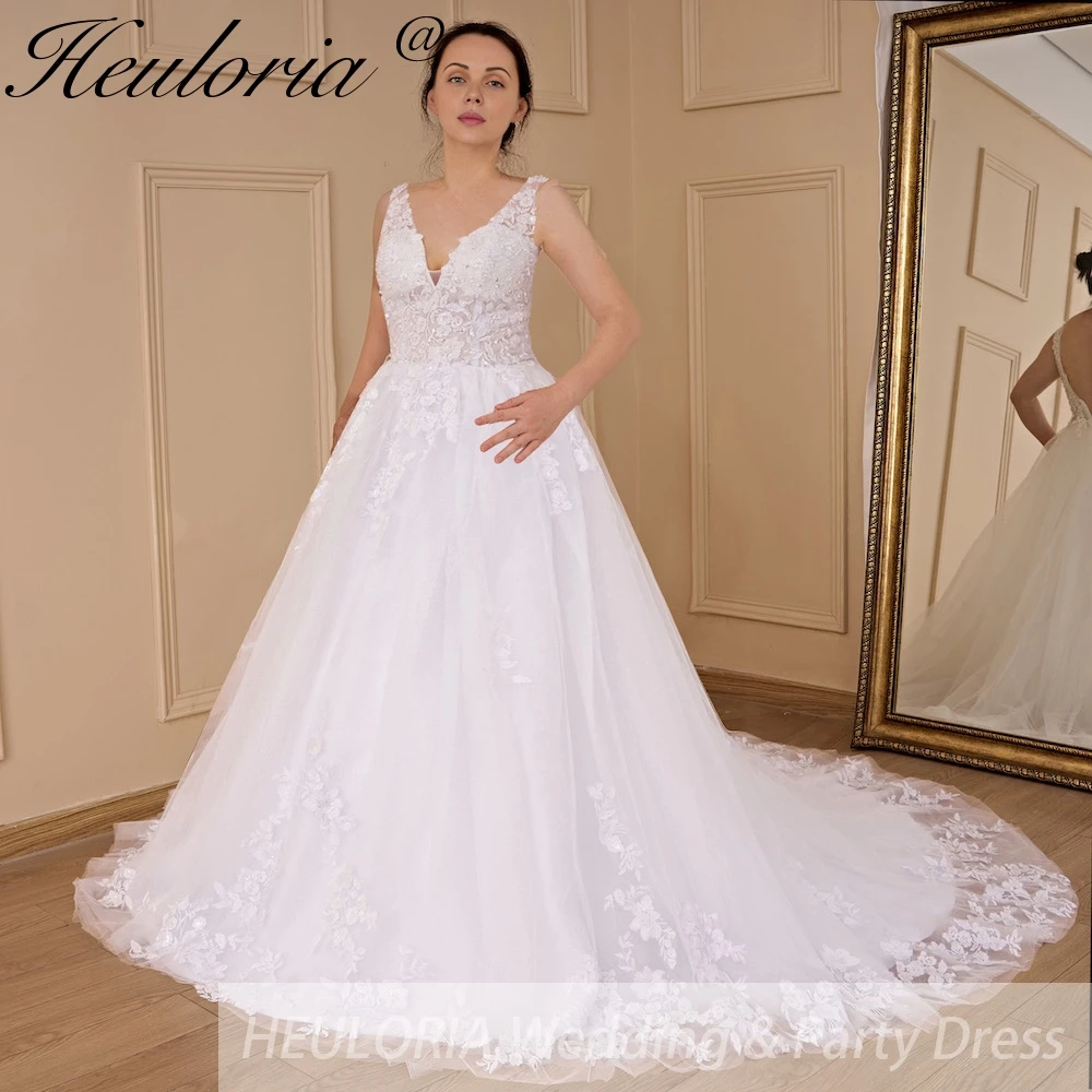 Heiloria-vestido De novia elegante con cuello en V, traje De novia De línea A, Apliques De encaje