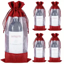 4pcs Wine Bottle Bags 750ml with Sheer Window Organza Hessian Drawstring Gift Bags for Wedding Festival Wine Tasting Party