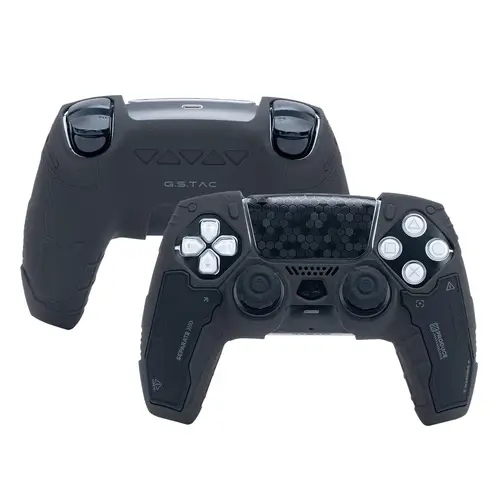 GeekShare Juego de piel de controlador negra para controlador inalámbrico PS5, funda protectora con 2 tapas de agarre para pulgar y 2 pegatinas