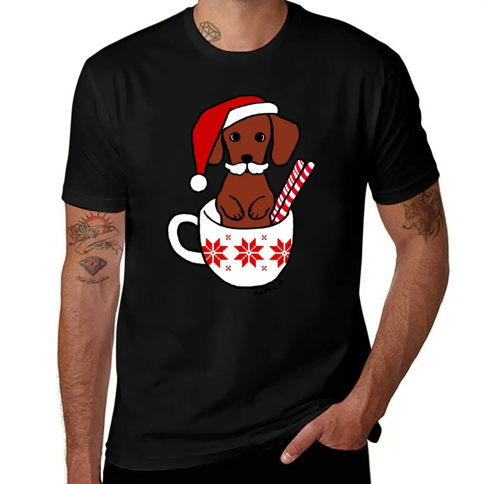 Dachshund Christmas Mustache Coffee Mug T-Shirt Big and Tall Loose Fit T-Shirt