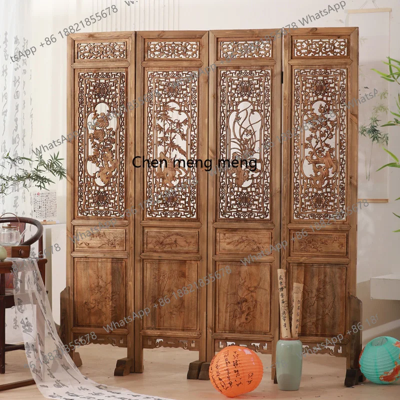 Solid wood folding mobile screen old antique hollow carved camphor wood partition retro