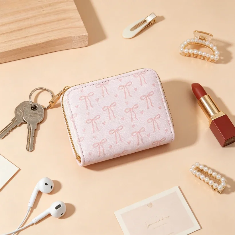 Cute Pink Bow Print Mini Zipper Wallet, Slim Lightweight Credit Card Holder, Small Roomy Coin Purse with Keychain for Girls & Daily Use